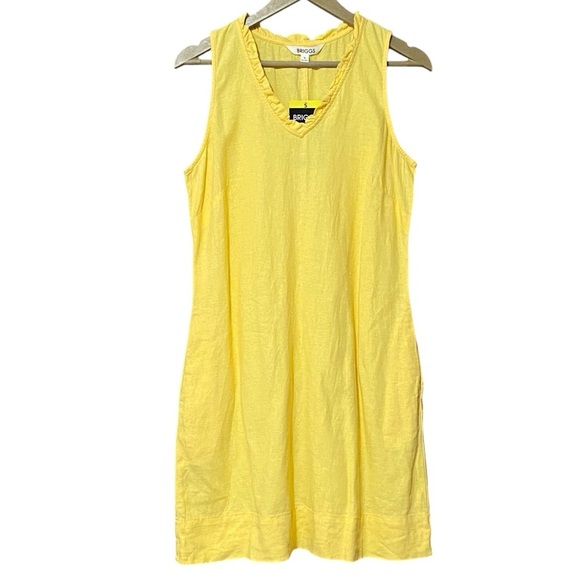 Briggs Ruffle Trim Mini Sun Dress S Yellow Linen Blend V-Neck Hand Pockets NWT - Picture 1 of 5